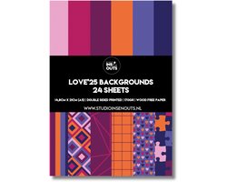 Studio Ins & Outs Paperpad Love 2025 - Paper Pack - Scrapbook Papier - Papierblok - Designpapier - Patroonpapier - Roze Paars Oranje Blauw - 24 vellen