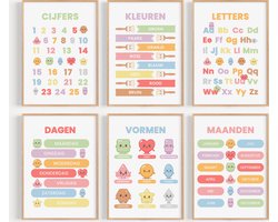 Studio Miron – Premium Fine Art Kawaii Kinderposters – Leren met Kleuren, Vormen & Letters (6-delige Set Inclusief Lijst)