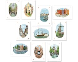 Studio-Mouche - kaarten - wenskaarten - Amsterdam - stad - set van 10 - hand getekend - handgeschilderd - zonder tekst