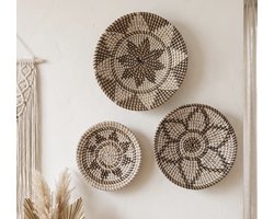 StudioBoho | Set van 3 Zeegras Wandschalen (Ø 35 + 30 + 25cm ) | Wanddecoratie Woonkamer Slaapkamer Rotan | Muurmand Muurmanden | Muurschaal schalen | Riet Rieten schaal set | Wandschaal wandbord wandborden Boho Decoratie Bohemian | Bamboe Ibiza