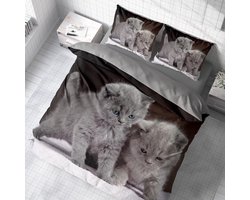 Stunq® 3D Beddengoed Grijs Katten Dekbedovertrek Set Kat, 135 x 200 cm + Kussensloop 80 x 80 cm, Kitten, Omkeerbaar Beddengoed, 2 Stuks, Grijs, Bruin met Ritssluiting
