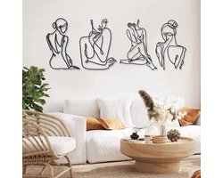 Stunq® 4 stuks metalen muurkunst decor zwart metaal muurkunst enkele regel kunst tekening minimalistisch abstract vrouwelijke vrouw moderne wandsculpturen om op te hangen decoratie accenten voor badkamer