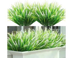 Stunq® 8 bundels kunstplanten, lavendel, outdoor, kunstbloemen, zoals echt weerbestendig, uv-bestendig, struiken, namaakbloemen, kunstbalkonplanten, decoratie voor tafel, raam, tuin, decoratie, wit