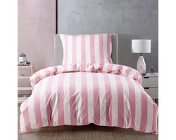 Stunq® Beddengoed, 135 x 200 cm, van 100% katoen, ademend, knuffelige beddengoedsets voor mensen met allergieën, met ritssluiting, dekbedovertrek 135 x 200 cm + kussensloop 80 x 80 cm, roze strepen