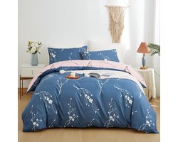 Stunq Beddengoed 155 x 220 cm bloemen marineblauw roze moderne bloemen beddengoedset meisjes dekbedovertrek zacht microvezel omkeerbaar beddengoed 1 dekbedovertrek met ritssluiting 1 kussensloop 80 x 80 cm