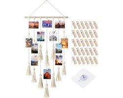 Stunq® Bohemian Macrame Wanddecoratie met 30 Houten Klemmen en Zelfklevende Haken, Foto Hanger voor Thuisdecoratie, Bruiloftsfeest, 43 x 108 cm (Crème)