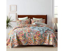 Stunq® Katoenen sprei Quiltsets Omkeerbare spreiensets Dekbedden Vintage Boheemse Patchwork Bedsprei (Geel Rood Paisley Bloemen, Kingsize)