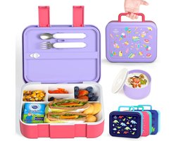 Stunq® Lunchbox voor kinderen meisjes 1250 ml Bento Box kinderen met vork en lepel, lunchbox kinderen met compartimenten 5 compartimenten en sausdoos, lekvrij, BPA-vrij (ijs)