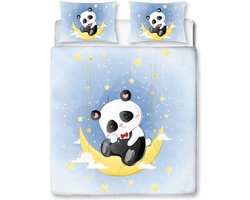 Stunq Meisjesbeddengoed 200 x 200 cm kinderen jongensbeddengoedset inclusief 2 kussenslopen 80 x 80 cm 3D Kawaii dier Panda Moon ultrafijne vezel blauw 3 stuks