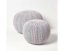 Stunq Poef, blauw-roze gestreepte gebreide poef, rond vloerkussen 35 x 40 cm, decoratieve voetenbank met grof gebreide overtrek van 100% katoen, gebreide puff/gebreide kruk