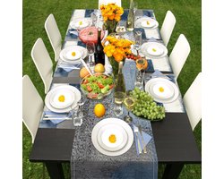 Stunq® Stijlvol tafelkleed en placemats set met abstracte Blauwe en Grijze kunst, 33 x 183 cm