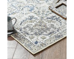 Stunq® Vloerkleed Deurmat 60 x 90 cm Laagpolig Deurmat Vintage Binnen Opvouwbaar Dun Vloerkleed Retro Distressed Tapijt Blauw Multi Bloemenprint Landelijk Boho Tapijt Antislip Keuken Slaapkamer