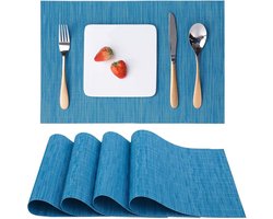 Stunq® Wasbare placemats, set van 4, geweven placemats, wasbaar, antislip, scheurbestendig, hittebestendig, vinyl placemats voor keuken, eettafel, hotel, placemats 30 x 45 cm (blauw)