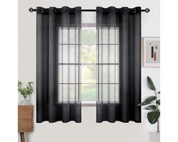 Stunq® Woaboy voile gordijnen, korte gordijnen, transparant voor de woonkamer met oogjes, vitrages voor de slaapkamer, gordijn met ringen, paneelgordijn, lussengordijnen, modern, set van 2, 140 x 175 cm (B x H), zwart