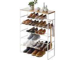 Stunq Yamazaki 3369 Tower Shoe Rack with 6 Levels, White, Steel/Wood, Minimalist Design, 66 x 25 x 87 cm (L x W x H)