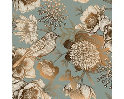 Stunq® Zelfklevend Bloemenbehang Vintage – Groen & Goud met Vogelmotief – Afwasbaar PVC Vinyl – 44,5 × 300 cm – Verwijder baar Wand- & Meubelbehang