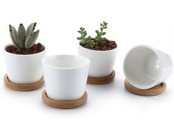 Succulente Plantenpot Set van 4 - Keramiek Bloempot met Bamboe Onderzetter - Wit - Voor Sappige Aloë - Kamerplant Decoratie - Geschenk - Binnen - Cactus Pot met Afvoergat - 65CM - Ronde.