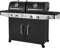 SUMM – Hybride Barbecue MAGNUS – Gasbarbecue & Houtskool BBQ – 2 Grillroosters 48x42 cm – Zijbrander – Opbergkast – Verrijdbaar – Zwart/RVS - Hoogwaardige kwaliteit