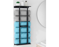 SUMOH® Handdoekhouder Design – Handdoekrek met plank Zwart 79 x 31 x 15 – Badkamer & Keuken– Tegen de Muur Hangend Droogrek – Handdoek Organizer Storage – Ruimte Besparen – Badkamerrek - Towel Holder Wall Mounted – Save Space – RVS