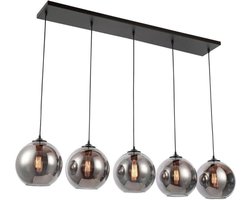 SUMOH® Luxe Hanglamp - 5-lichts Smoke Bol Design - Bollampen 25cm - Zwarte Balk 120x10cm - Moderne Industriële Plafondlamp - Inclusief LED Smoky Bulbs - Verstelbare Hoogte - Voor Woonkamer, Eetkamer, Slaapkamer