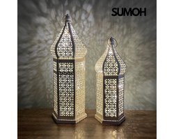 SUMOH® Mediterraans Lantaarn Small 29,5 cm – LED Tafellamp op Batterij – Sfeerverlichting – Boho Design – Holle IJzeren Lantaarn – Retro Tafellamp – Zonder Snoer – Ramadan Decoratie – Eid Mubarak – Suikerfeest