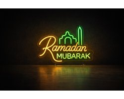 SUMOH® Ramadan Mubarak LED Neon Lamp – Transparante of Matte Acryl Achterplaat – Dimmer & Aan/Uit Schakelaar – USB – Oogvriendelijk & Geluidloos – Ophangbaar of Staand – Luxe Islamitische Decoratie – 48x29 cm