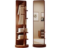 SUMOH® Staande Spiegel / Vloerspiegel Volledige Lengte – Spiegel met Kapstok & Schoenenrek – 360° Draaibaar – Hal Spiegel Slaapkamer Dressing – Explosieveilig – 170 cm – Walnootlook