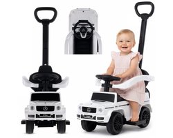 sun baby Duwauto voor kinderen, loopauto Mercedes Benz G met vergunning vanaf 12 maanden met stuur met geluid, kunststof stoel en wielen, duwstang, opbergvak onder stoel, nepreservewiel (Wit)