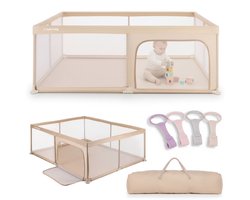 sun baby Kinderbox met roze handvat 150x200 cm 0-2 jaar Beige, polyester, netwanden, ingang met rits, antislipvoetjes, draagtas inbegrepen, metalen frame