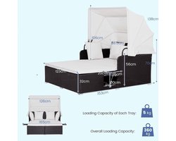 Sun Island Lounge Set 2-Persons – Folding Canopy Garden Lounger with Side Tables – PE Rattan Outdoor Sunbed with Cushions – Weatherproof Double Daybed 165x153 cm – White – abtkantoor