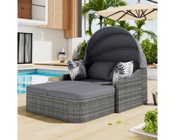 Sun Island, tuinloungeset, PE-rotan met verstelbare luifel, all-weather patio-zonnebed van riet, dubbele loungeset met 4 kussens en afneembare kussenhoes voor tuin, zwembad, grijs
