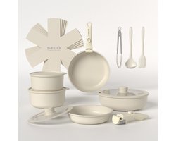 SUNCOK 19-delige Keramische Pannenset, antiaanbakpannen met afneembare handgrepen, vaatwasserbestendig, inductiegeschikt, ovenbestendig tot 450°F, stapelbaar, ruimtebesparend voor camper, crème wit