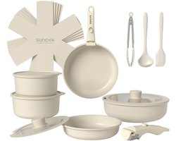 SUNCOK Pannenset 19-delige, Set met Koekenpannen, Soeppannen, Keramische Antiaanbaklaag met afneembare handgrepen, Vaatwasserbestendig, Inductiegeschikt, ovenbestendig tot 450°F, Stapelbaar, ruimtebesparend, crème wit