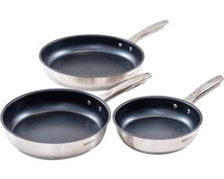 SUNCOK–RVS Koekenpannenset 3-delig Ø20/24/28 cm – 5-laagse bodem – Geschikt voor inductie & oven – Vaatwasserbestendig