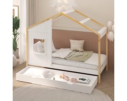 Sunny Beau Bedhuisje – Kinderbed Met Opberglade – Met Uitvalbeveiliging – 208 x 97 x 171 cm – Peuterbed Meisjes en Jongens – FSC 100% Hout – Huisbed 90x200 - Met Lattenbodem – Kajuitbed - Exclusief Matras – Naturel/wit