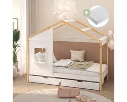 Sunny Beau Bedhuisje – Kinderbed Met Opberglade – Met Uitvalbeveiliging – 208 x 97 x 171 cm – Peuterbed Meisjes en Jongens – FSC 100% Hout – Huisbed 90x200 - Met Lattenbodem – Kajuitbed - Inclusief Matras – Naturel/wit