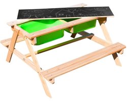 Sunny Dual Top 2.0 Zand & Water Picknicktafel voor kinderen - FSC hout - Multifunctionele Picknick tafel met Krijtbord en 2 uitneembare groene bakken