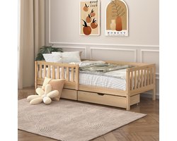 Sunny Isa Kinderbed – Met 2 Opberglades – Kajuitbed met Uitvalbeveiliging - 206 x 98 cm – Peuterbed Meisjes en Jongens – FSC 100% Hout – Met Lattenbodem –Exclusief Matras – Naturel
