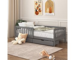 Sunny Isa Kinderbed – Met 2 Opberglades – Kajuitbed met Uitvalbeveiliging - 206 x 98 cm – Peuterbed Meisjes en Jongens – FSC 100% Hout – Met Lattenbodem – Exclusief Matras - Grijs