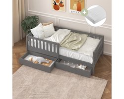 Sunny Isa Kinderbed – Met 2 Opberglades – Kajuitbed met Uitvalbeveiliging - 206 x 98 cm – Peuterbed Meisjes en Jongens – FSC 100% Hout – Met Lattenbodem – Inclusief Matras - Grijs