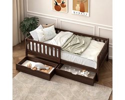 Sunny Isa Kinderbed – Met 2 Opberglades – Kinderbed met Uitvalbeveiliging - 206 x 98 cm – Peuterbed Meisjes en Jongens – FSC 100% Hout – Met Lattenbodem –Exclusief Matras – Bruin