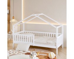Sunny Kae Bedhuisje – Kinderbed Met Uitvalbeveiliging – 207 x 96 x 156,5 cm – Peuterbed Meisjes en Jongens – FSC 100% Hout – Huisbed 90x200 - Met Lattenbodem – Bedbank - Exclusief Matras – Wit