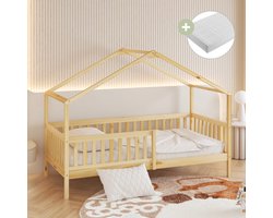 Sunny Kae Bedhuisje – Kinderbed Met Uitvalbeveiliging – 207 x 96 x 156,5 cm – Peuterbed Meisjes en Jongens – FSC 100% Hout – Huisbed 90x200 - Met Lattenbodem – Bedbank - Inclusief Matras – Naturel