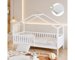 Sunny Kae Bedhuisje – Kinderbed Met Uitvalbeveiliging – 207 x 96 x 156,5 cm – Peuterbed Meisjes en Jongens – FSC 100% Hout – Huisbed 90x200 - Met Lattenbodem – Bedbank - Inclusief Matras – Wit
