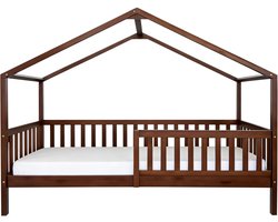 Sunny Kae Bedhuisje – Met Uitvalbeveiliging – 207 x 96 x 156,5 cm – Peuterbed Meisjes en Jongens – FSC 100% Hout – Huisbed 90x200 - Met Lattenbodem – Bedbank - Exclusief Matras – Bruin