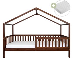 Sunny Kae Bedhuisje – Met Uitvalbeveiliging – 207 x 96 x 156,5 cm – Peuterbed Meisjes en Jongens – FSC 100% Hout – Huisbed 90x200 - Met Lattenbodem – Bedbank - Inclusief Matras – Bruin