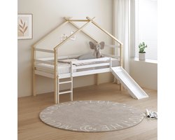 Sunny River Halfhoogslaper – Met Glijbaan – Met Uitvalbeveiliging en rechte ladder - Bedhuisje – 213 x 97 x 183 cm – Peuterbed Meisjes en Jongens – FSC 100% Hout – Huisbed 90x200 - Met Lattenbodem – Kinderbed - Exclusief Matras – Naturel/wit