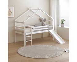 Sunny River Halfhoogslaper – Met Glijbaan – Met Uitvalbeveiliging en rechte ladder - Bedhuisje – 213 x 97 x 183 cm – Peuterbed Meisjes en Jongens – FSC 100% Hout – Huisbed 90x200 - Met Lattenbodem – Kinderbed - Exclusief Matras – Wit