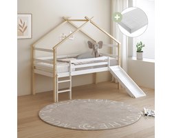 Sunny River Halfhoogslaper – Met Glijbaan – Met Uitvalbeveiliging en rechte ladder - Bedhuisje – 213 x 97 x 183 cm – Peuterbed Meisjes en Jongens – FSC 100% Hout – Huisbed 90x200 - Met Lattenbodem – Kinderbed - Inclusief Matras – Naturel/wit