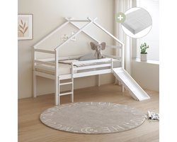 Sunny River Halfhoogslaper – Met Glijbaan – Met Uitvalbeveiliging en rechte ladder - Bedhuisje – 213 x 97 x 183 cm – Peuterbed Meisjes en Jongens – FSC 100% Hout – Huisbed 90x200 - Met Lattenbodem – Kinderbed - Inclusief Matras – Wit